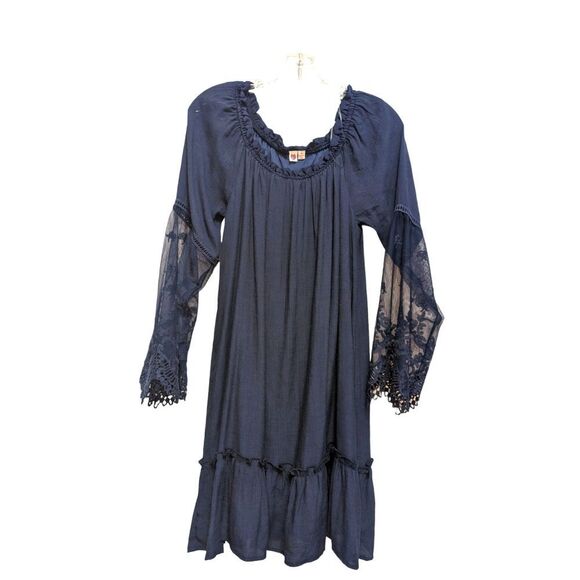 🛍️ BLUE LACE SHEER PEASANT LONG SLEEVED KNEE LENGTH DRESS SIZE MEDIUM - Picture 1 of 2